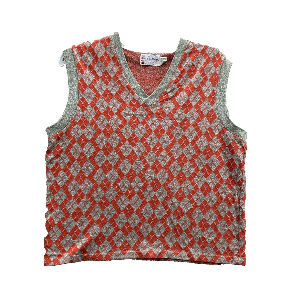 VTG Contoure International Sweater Vest Large Orange Argyle Preppy‎ 60s 70s USA
